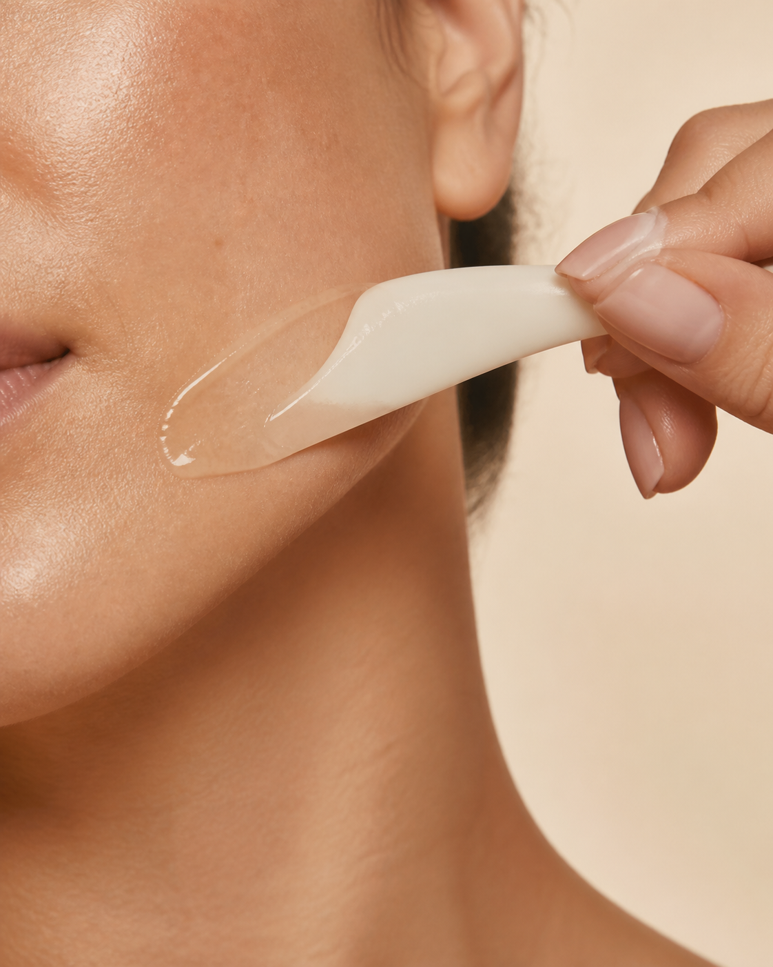 A precise skincare treatment smoothing serum across the cheek