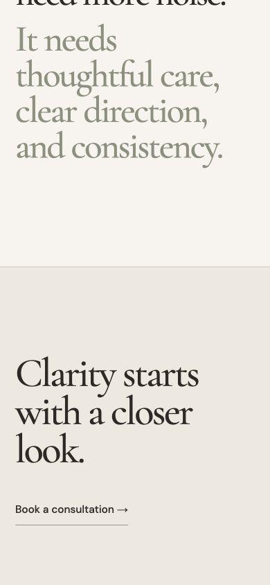 Luma quiet brand statement and final consultation prompt on mobile