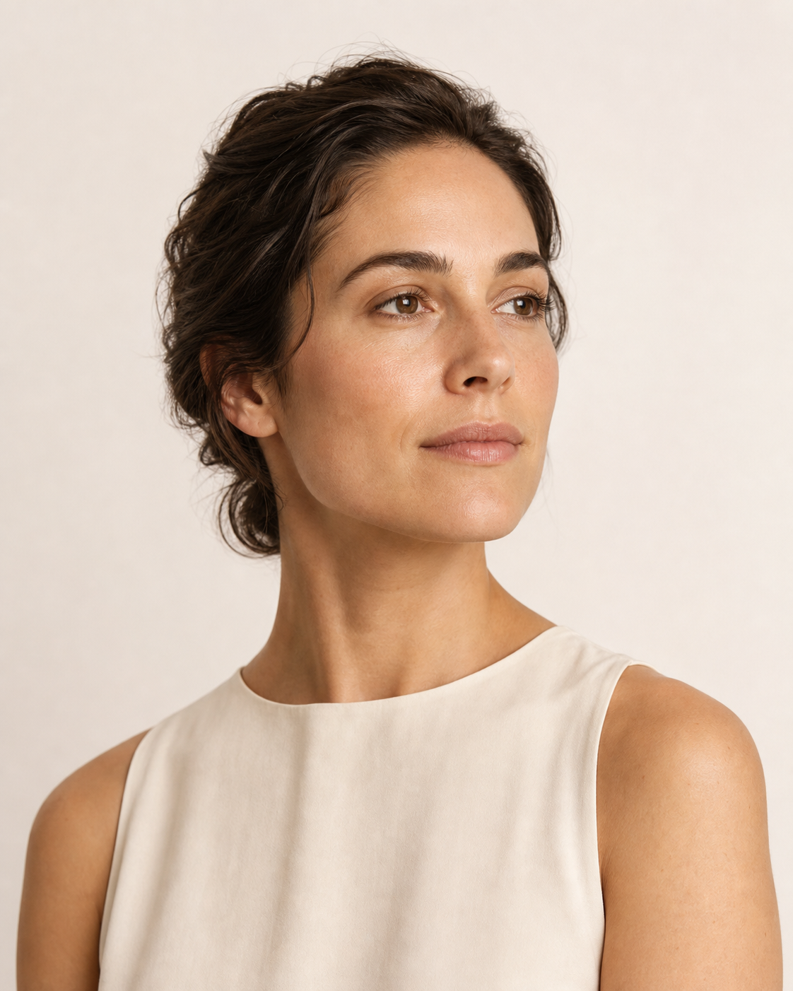 Calm studio portrait showing natural skin texture in warm neutral light