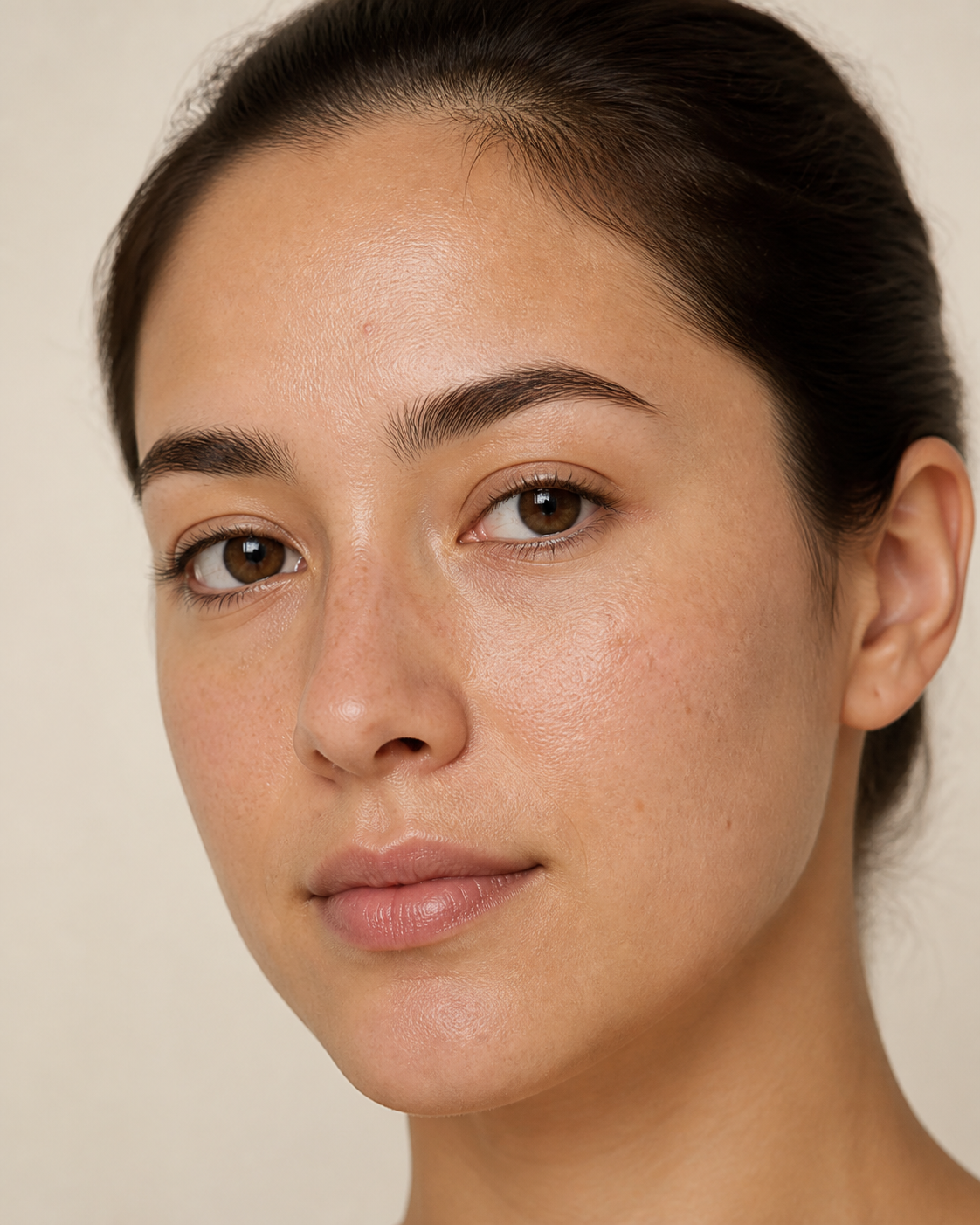 Natural facial skin shown clearly in warm studio light