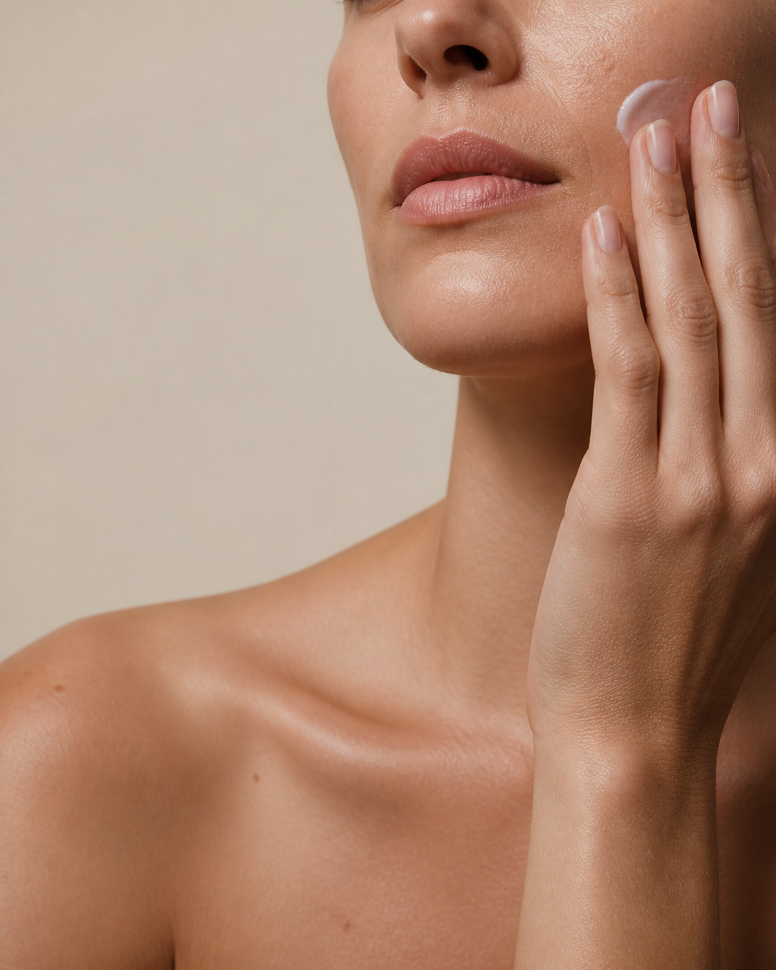 A hand gently applying moisturizer to natural skin