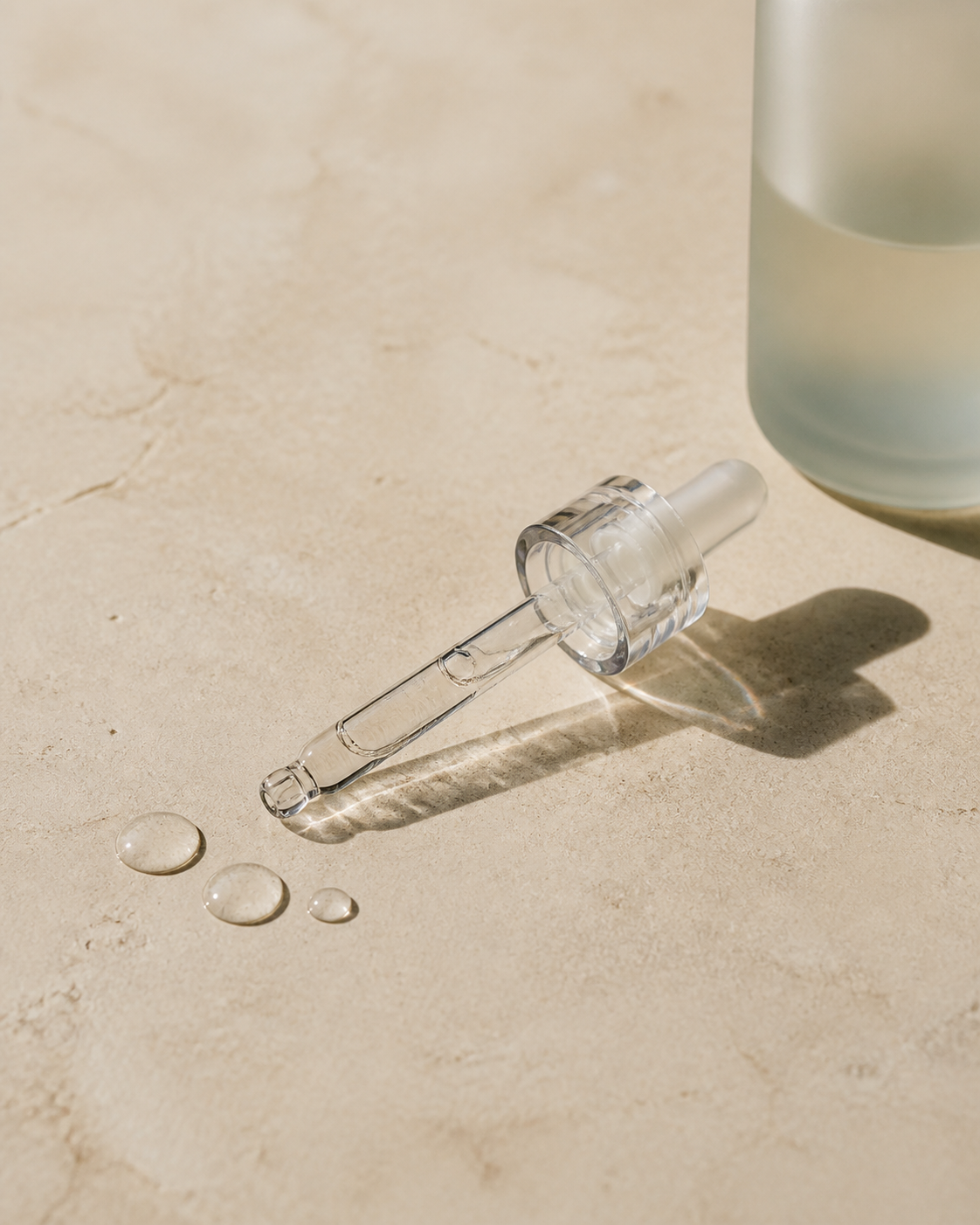 Clear serum dropper and droplets on pale stone