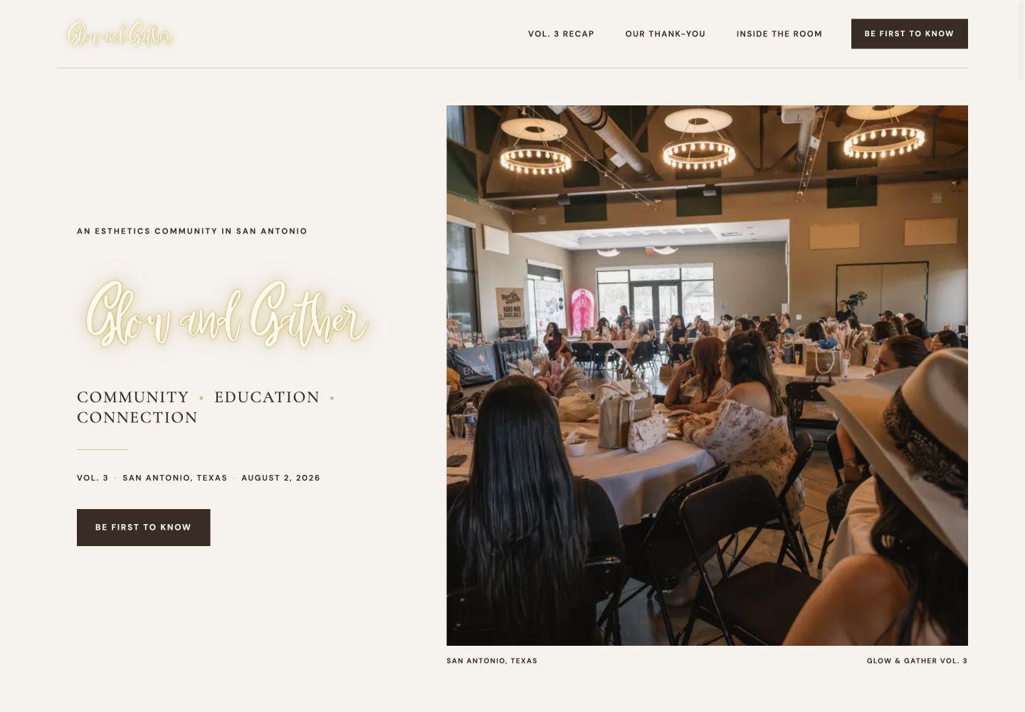 Glow & Gather website homepage shown at desktop width