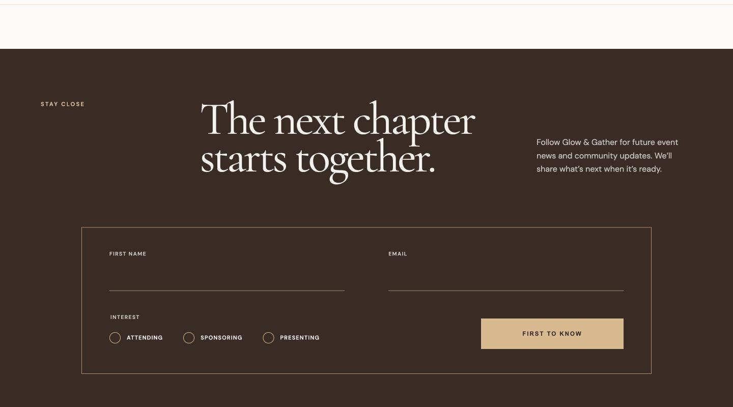 Glow & Gather First to Know interest form on desktop