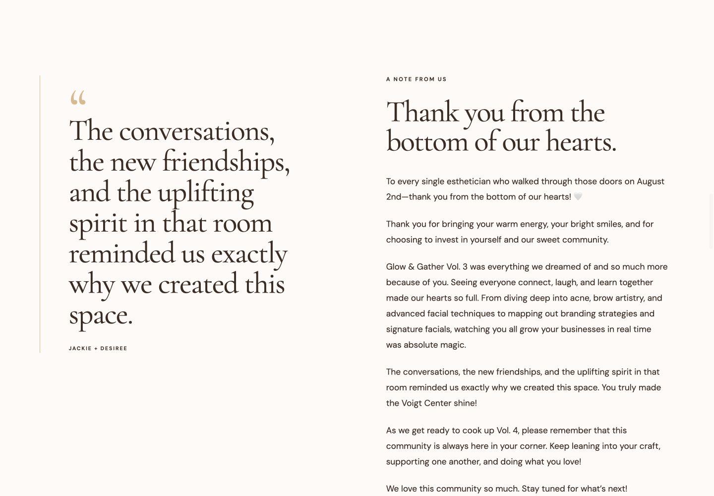 Glow & Gather thank-you section with organizer letter