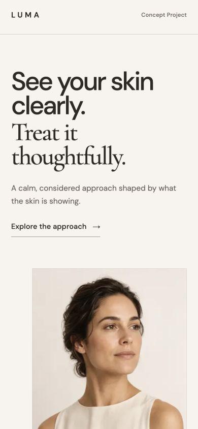 Luma Skin Studio concept homepage shown at mobile width